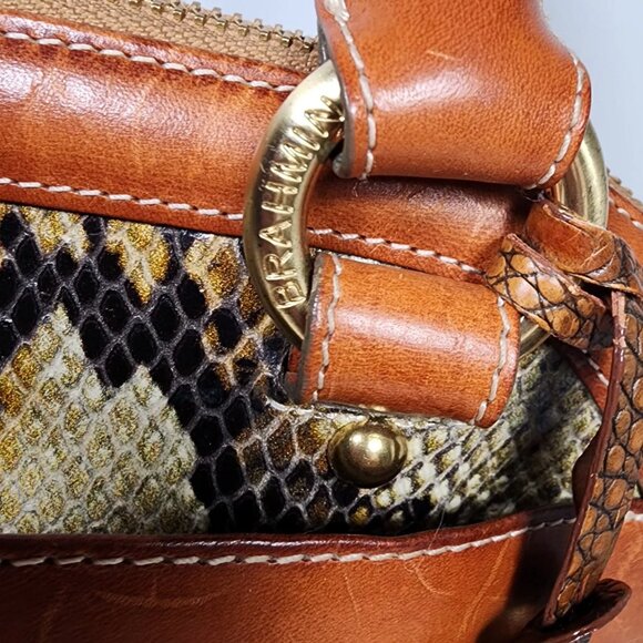Brahmin Louise Rose Embossed Snakeskin Leather Satchel Handbag Brown Trim Strap - Picture 8 of 16